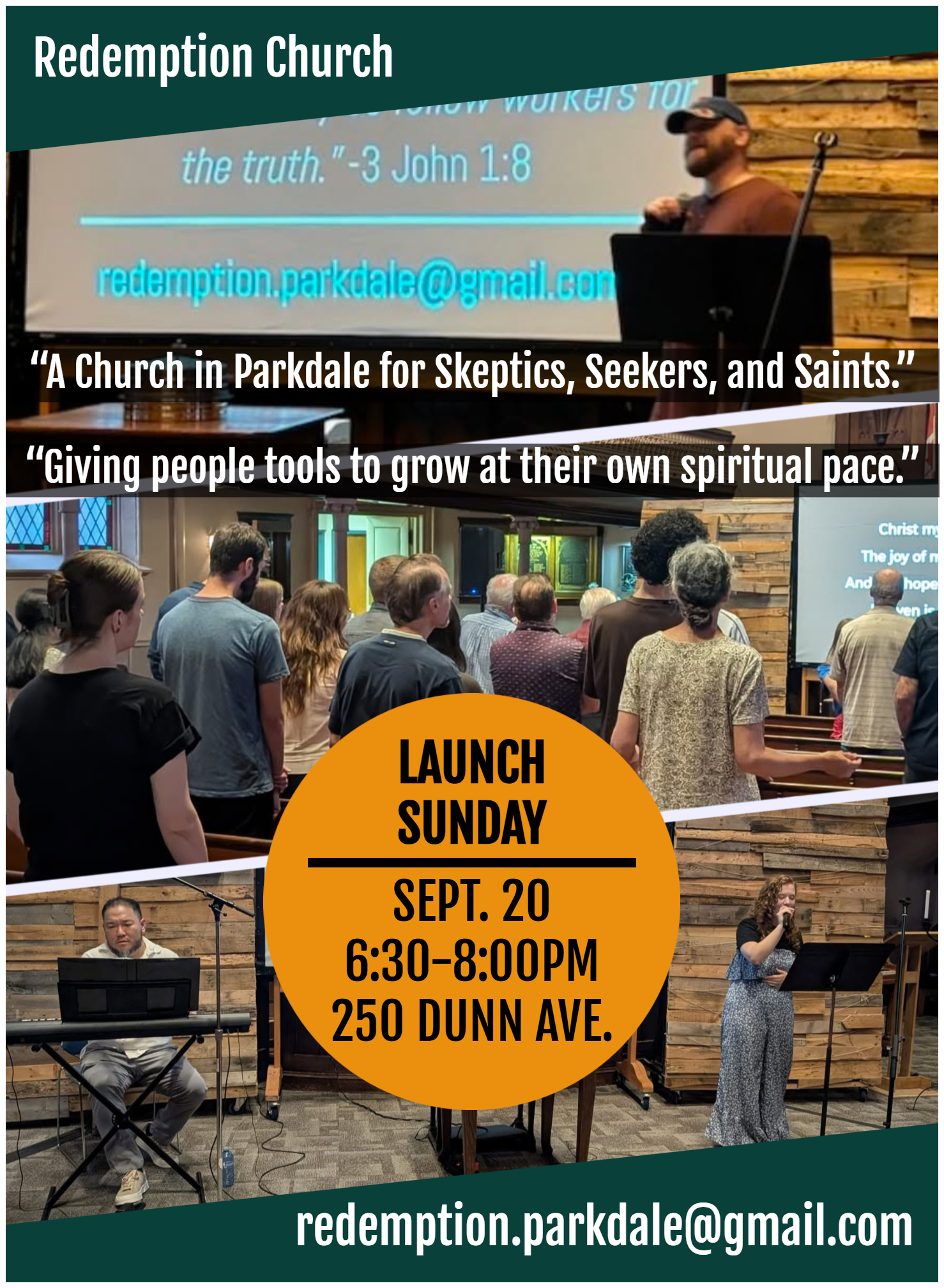 Redemption Church launch Sunday, September 20, 6:30–8:00 PM at 250 Dunn Avenue